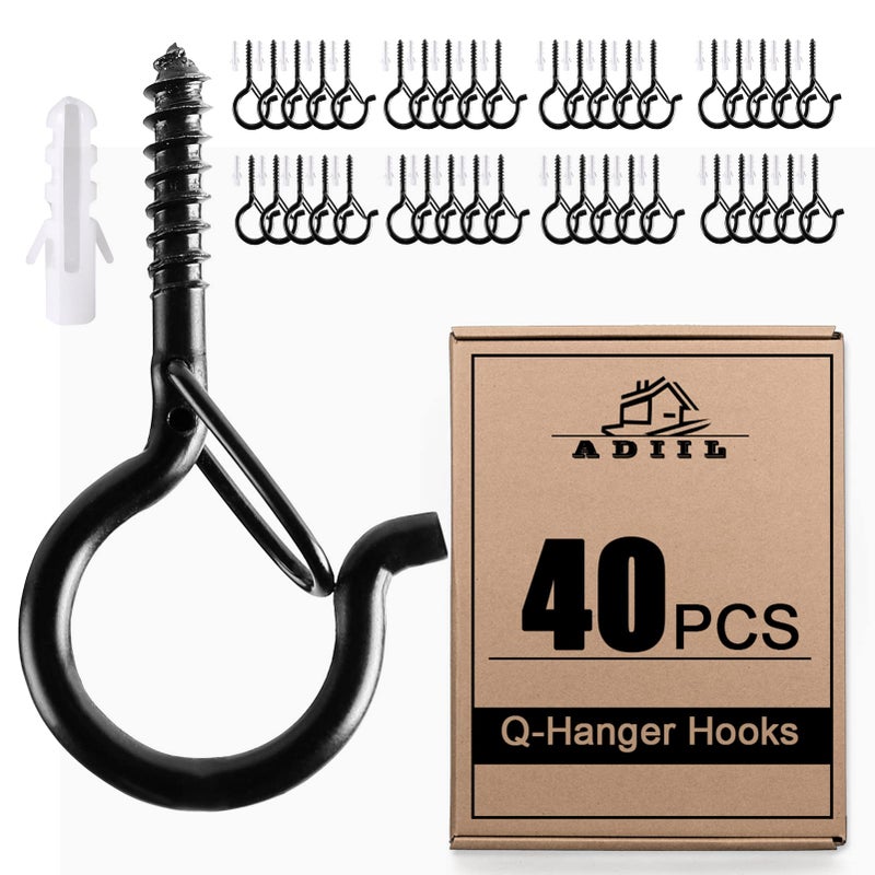 ADIIL 40 PCS Q Hanger Hooks with Safety Buckle  Windproof Screw Hooks for Hanging Outdoor String Lights  Plants  Christmas Patio Lights  2.2 Inches  Black - Image 1